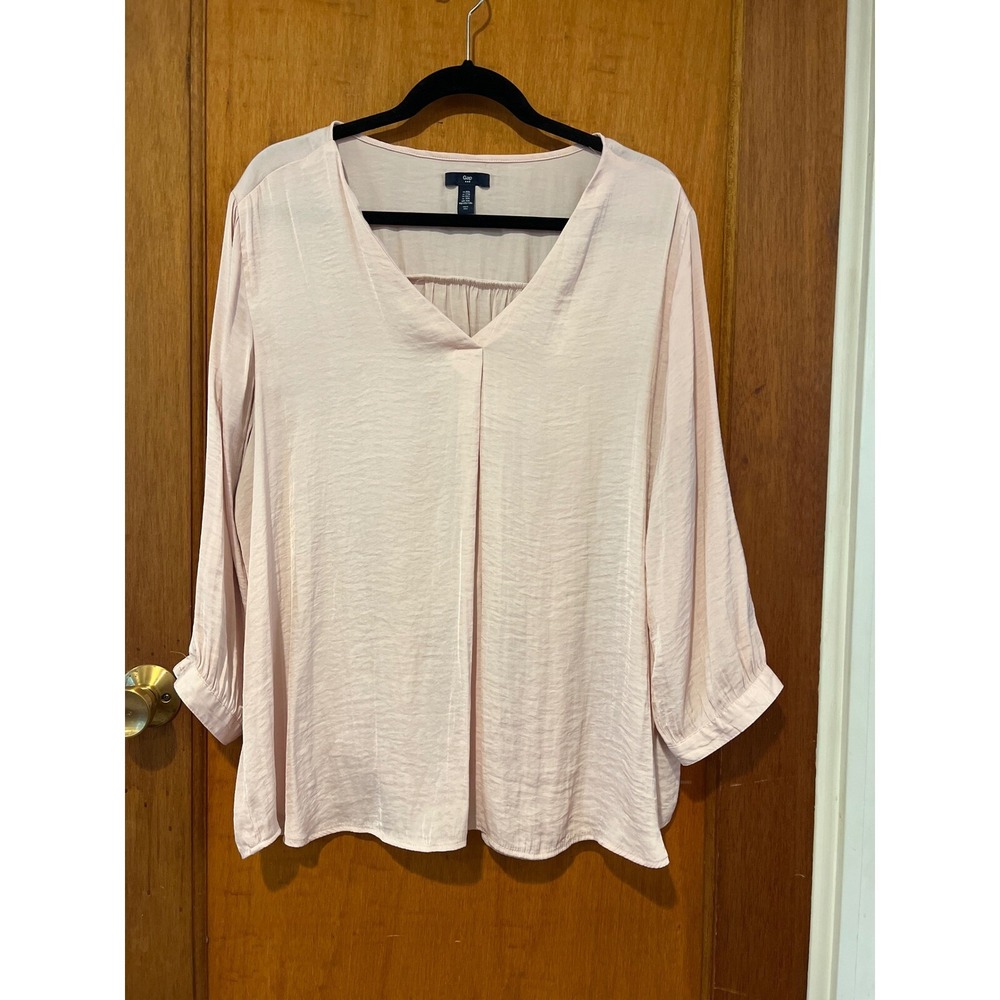 Gap XXL top pink blouse satiny flowy v-neck 3/4‎ sleeve office casual formal